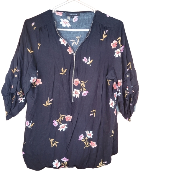 Paper Moon Black Floral Print Top L - Picture 2 of 6